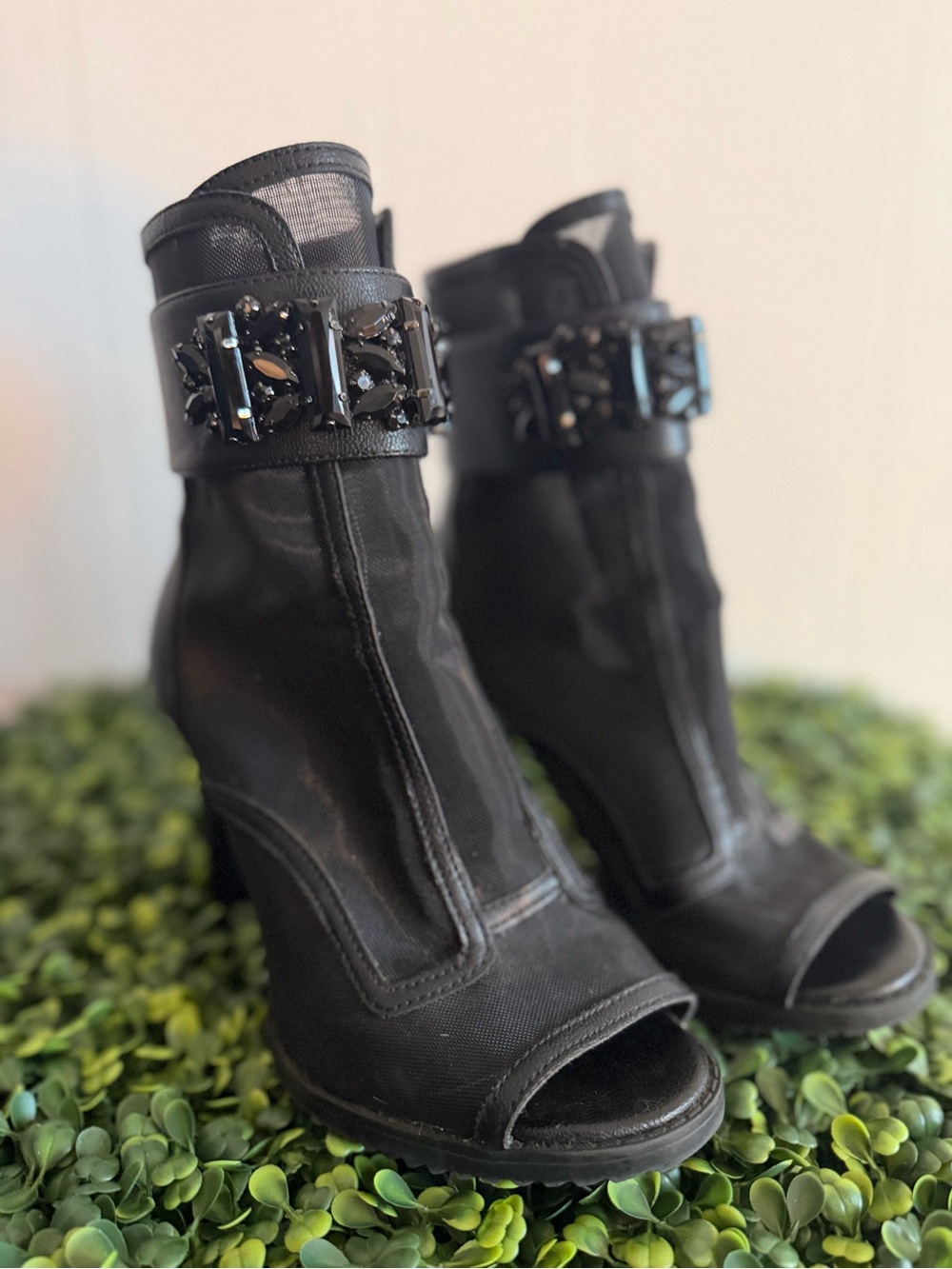 Karl Lagerfeld Black Jeweled Peep-Toe Ankle Boots